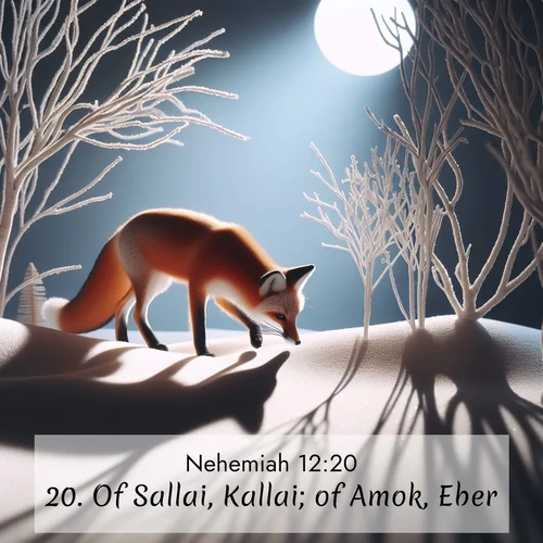 BasicEnglish Nehemiah  ; image nature: image with the bible verse :Of Sallai, Kallai; of Amok, Eber; ; Discover a rich selection of Bible verse images illustrated by natural landscapes like tranquil beaches, golden fields, and majestic trees. These images aim to capture the peace and beauty of God&#039;s creation, with vibrant colors and varied typography. Download and share inspiring verses like KJV Nehemiah 12:20. Current verse is overlayed with the thematic nature scene : A red fox hunts through pristine snow. Moon shadows dance between bare trees. ; 12:20