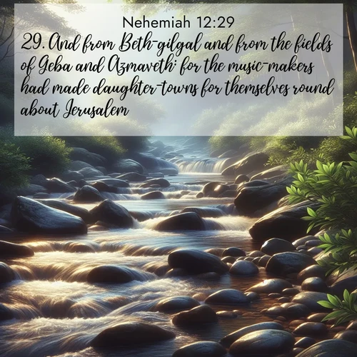 BasicEnglish Nehemiah  ; image nature: image with the bible verse :And from Beth-gilgal and from the fields of Geba and Azmaveth: for the music-makers had made daughter-towns for themselves round about Jerusalem. ; Download high-resolution Bible verse images showcasing the beauty of God&#039;s creation—from radiant sunsets to tranquil rivers. Free for use as wallpapers or sharing verses like KJV Nehemiah 12:29. Current verse is overlayed with the thematic nature scene : A mountain stream tumbles over smooth rocks between banks of mountain laurel. ; 12:29