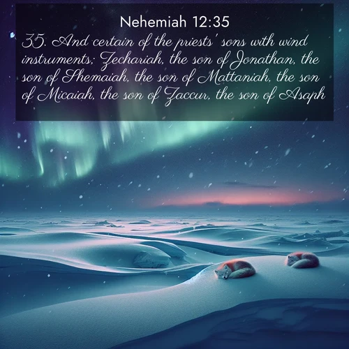 BasicEnglish Nehemiah  ; image nature: image with the bible verse :And certain of the priests&#039; sons with wind instruments; Zechariah, the son of Jonathan, the son of Shemaiah, the son of Mattaniah, the son of Micaiah, the son of Zaccur, the son of Asaph, ; Explore a collection of inspiring Bible verse images accompanied by winter photos, such as snowy landscapes, frosted trees, and frozen lakes. These images reflect the peace and purity of God&#039;s creation, with elegant fonts and luminous colors. Download and share verses like KJV Nehemiah 12:35. Current verse is overlayed with the thematic nature scene : Northern lights dance across the frozen tundra in ribbons of green and purple. Snow falls silently on sleeping arctic foxes. ; 12:35