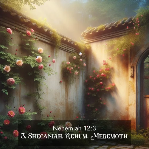 BasicEnglish Nehemiah  ; image nature: image with the bible verse :Shecaniah, Rehum, Meremoth, ; Explore winter-themed Bible verse images illustrated by snowy mountains, frost-covered branches, and clear skies. These landscapes reflect divine purity and peace. Download verses like KJV Nehemiah 12:3. Current verse is overlayed with the thematic nature scene : Wild roses climb abandoned walls. Time stands still in secret gardens. ; 12:3