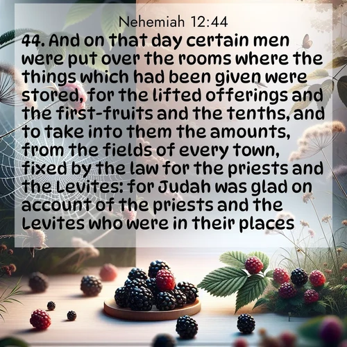 BasicEnglish Nehemiah  ; image nature: image with the bible verse :And on that day certain men were put over the rooms where the things which had been given were stored, for the lifted offerings and the first-fruits and the tenths, and to take into them the amounts, from the fields of every town, fixed by the law for the priests and the Levites: for Judah was glad on account of the priests and the Levites who were in their places. ; Browse a large collection of Bible verse images with photos showcasing the splendor of nature. Scenes of peaceful rivers, verdant valleys, and radiant skies enhance the inspiring verses. Each image reflects the serenity and joy of God&#039;s creation, with elegant text fonts. Download and share verses such as KJV Nehemiah 12:44. Current verse is overlayed with the thematic nature scene : Wild blackberries ripen in secret hollows. Morning spider webs catch dew like diamonds. ; 12:44