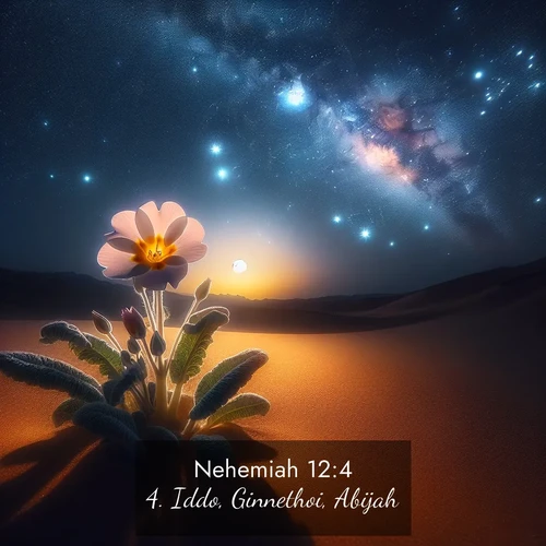BasicEnglish Nehemiah  ; image nature: image with the bible verse :Iddo, Ginnethoi, Abijah, ; Browse our collection of vibrant Bible verse images set against calming backdrops like tropical shores, quiet woods, and majestic mountains. Download free wallpapers featuring KJV Nehemiah 12:4. Current verse is overlayed with the thematic nature scene : Desert primrose opens to stars. Night wind carries sweet perfume. ; 12:4