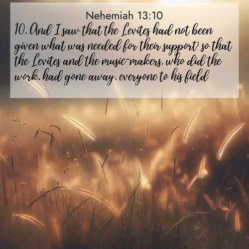 BasicEnglish Nehemiah  ; image nature: image with the bible verse :And I saw that the Levites had not been given what was needed for their support; so that the Levites and the music-makers, who did the work, had gone away, everyone to his field. ; Discover a unique collection of Bible verses adorned with winter landscapes, such as snow-covered forests, gently falling snowflakes, and pristine mountains. These images evoke the peace and purity of God&#039;s creation. Share verses like KJV Nehemiah 13:10. Current verse is overlayed with the thematic nature scene : Summer heat brings out cricket songs in meadow grass. ; 13:10