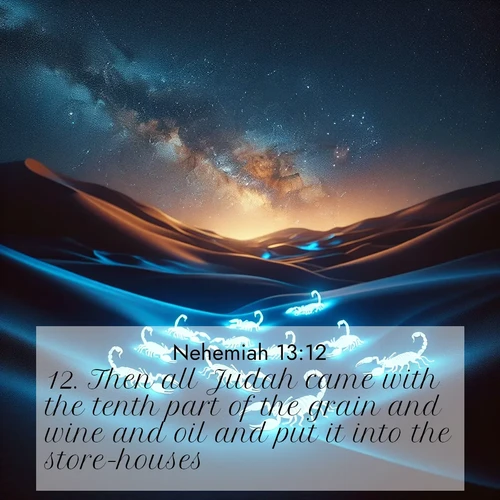 BasicEnglish Nehemiah  ; image nature: image with the bible verse :Then all Judah came with the tenth part of the grain and wine and oil and put it into the store-houses. ; Dive into our collection of Bible verses paired with breathtaking desert landscapes, featuring infinite dunes, shaded oases, and desert sunsets. These images highlight the majestic grandeur of God&#039;s creation. Download and share verses like KJV Nehemiah 13:12. Current verse is overlayed with the thematic nature scene : Desert scorpions glow under black light. Stars wheel in infinite darkness. ; 13:12