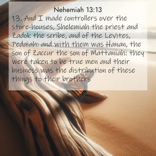 BasicEnglish Nehemiah  ; image nature: image with the bible verse :And I made controllers over the store-houses, Shelemiah the priest and Zadok the scribe, and of the Levites, Pedaiah: and with them was Hanan, the son of Zaccur the son of Mattaniah: they were taken to be true men and their business was the distribution of these things to their brothers. ; Explore winter-themed Bible verse images illustrated by snowy mountains, frost-covered branches, and clear skies. These landscapes reflect divine purity and peace. Download verses like KJV Nehemiah 13:13. Current verse is overlayed with the thematic nature scene : A single monarch butterfly alights on a sun-bleached driftwood log. Waves crash endlessly on the empty beach beyond. ; 13:13