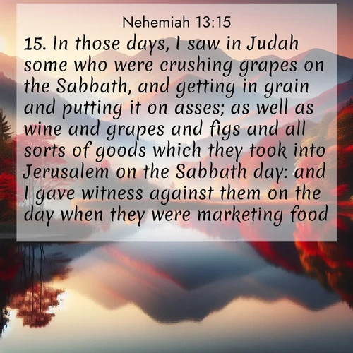 BasicEnglish Nehemiah  ; image nature: image with the bible verse :In those days, I saw in Judah some who were crushing grapes on the Sabbath, and getting in grain and putting it on asses; as well as wine and grapes and figs and all sorts of goods which they took into Jerusalem on the Sabbath day: and I gave witness against them on the day when they were marketing food. ; Discover a gallery of Bible verse images showcasing the beauty of autumn, with golden leaves, red forests, and peaceful fields bathed in soft light. These soothing scenes are perfect for accompanying inspiring verses like KJV Nehemiah 13:15. Current verse is overlayed with the thematic nature scene : Autumn colors reflect in a still mountain lake at sunrise. ; 13:15
