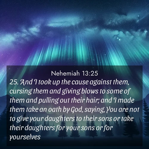 BasicEnglish Nehemiah  ; image nature: image with the bible verse :And I took up the cause against them, cursing them and giving blows to some of them and pulling out their hair; and I made them take an oath by God, saying, You are not to give your daughters to their sons or take their daughters for your sons or for yourselves. ; Browse our library of beautiful Bible verse images, perfect for wallpapers or sharing. Each verse is paired with serene natural landscapes like misty mountains, calming beaches, and colorful sunsets. Download and enjoy verses such as KJV Nehemiah 13:25. Current verse is overlayed with the thematic nature scene : Aurora borealis ripples like cosmic curtains. Pine trees stand sentinel beneath the light show. ; 13:25