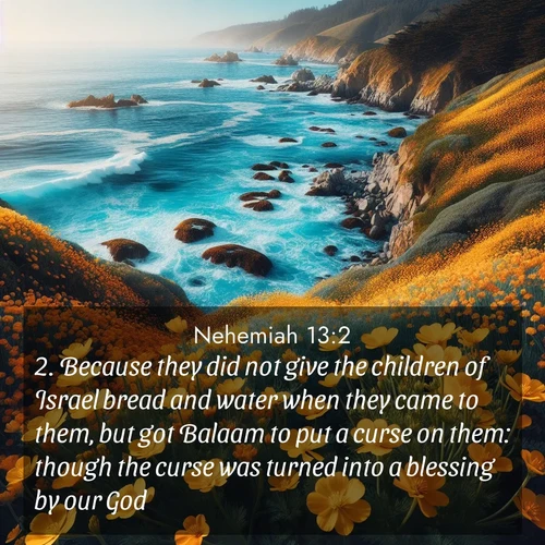 BasicEnglish Nehemiah  ; image nature: image with the bible verse :Because they did not give the children of Israel bread and water when they came to them, but got Balaam to put a curse on them: though the curse was turned into a blessing by our God. ; Download Bible verse images featuring vibrant photos of nature, from snowy landscapes to golden deserts. These free images are perfect for phone wallpapers, desktop backgrounds, or sharing. Verses include KJV Nehemiah 13:2. Current verse is overlayed with the thematic nature scene : Wild mustard flowers carpet coastal cliffs. Pacific waves provide endless percussion below. ; 13:2
