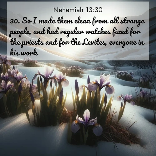 BasicEnglish Nehemiah  ; image nature: image with the bible verse :So I made them clean from all strange people, and had regular watches fixed for the priests and for the Levites, everyone in his work; ; Browse a gallery of Bible verses paired with summer scenes, such as golden wheat fields, bright skies, and sunny beaches. These images convey the joy and warmth of God&#039;s creation. Download and share verses like KJV Nehemiah 13:30. Current verse is overlayed with the thematic nature scene : Wild irises pierce winter&#039;s last snow. Alpine light sets their petals ablaze. ; 13:30
