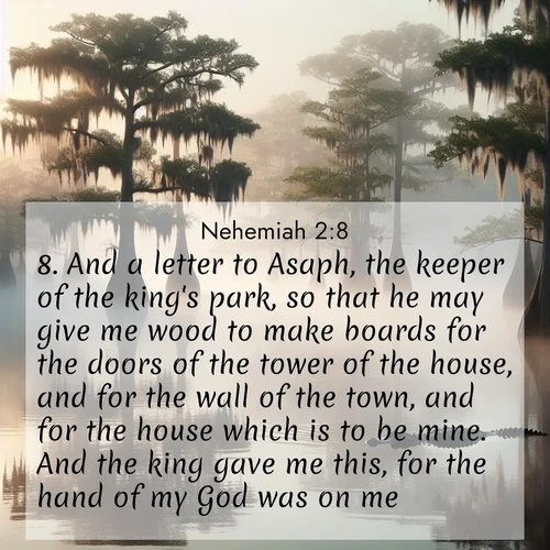 BasicEnglish Nehemiah  ; image nature: image with the bible verse :And a letter to Asaph, the keeper of the king&#039;s park, so that he may give me wood to make boards for the doors of the tower of the house, and for the wall of the town, and for the house which is to be mine. And the king gave me this, for the hand of my God was on me. ; Explore a spring collection of Bible images, with landscapes of green hills, wildflowers, and crystal-clear streams. These images symbolize the blossoming of God&#039;s creation. Download verses like KJV Nehemiah 2:8. Current verse is overlayed with the thematic nature scene : Morning fog clings to gnarled cypress trees in the swamp. An alligator glides silently through the dark water. ; 2:8