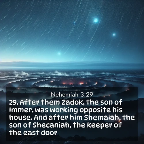 BasicEnglish Nehemiah  ; image nature: image with the bible verse :After them Zadok, the son of Immer, was working opposite his house. And after him Shemaiah, the son of Shecaniah, the keeper of the east door. ; Discover our curated gallery of Bible verse images with breathtaking scenery, from tranquil deserts to lush green pastures. Perfect for phone wallpapers or sharing online. Download verses like KJV Nehemiah 3:29. Current verse is overlayed with the thematic nature scene : Volcanic steam rises through a field of black lava. Stars wheel overhead in the thin air. ; 3:29