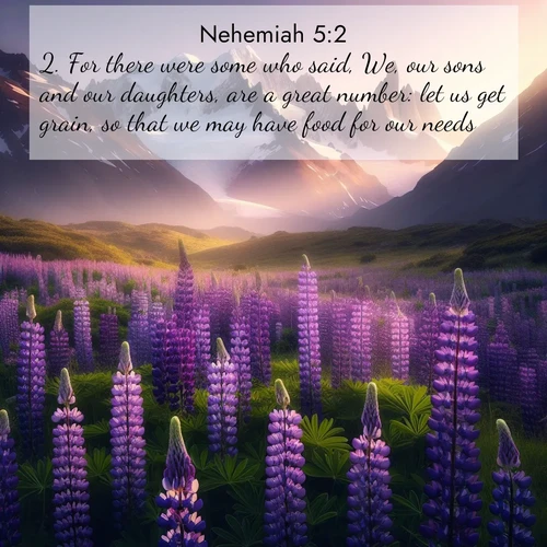 BasicEnglish Nehemiah  ; image nature: image with the bible verse :For there were some who said, We, our sons and our daughters, are a great number: let us get grain, so that we may have food for our needs. ; Explore winter-themed Bible verse images illustrated by snowy mountains, frost-covered branches, and clear skies. These landscapes reflect divine purity and peace. Download verses like KJV Nehemiah 5:2. Current verse is overlayed with the thematic nature scene : Wild lupines paint mountain meadows purple. Snow lingers on distant peaks. ; 5:2
