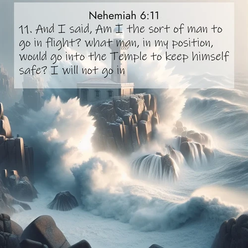 BasicEnglish Nehemiah  ; image nature: image with the bible verse :And I said, Am I the sort of man to go in flight? what man, in my position, would go into the Temple to keep himself safe? I will not go in. ; Browse a gallery of Bible verses paired with summer scenes, such as golden wheat fields, bright skies, and sunny beaches. These images convey the joy and warmth of God&#039;s creation. Download and share verses like KJV Nehemiah 6:11. Current verse is overlayed with the thematic nature scene : Winter storms send massive waves crashing against lighthouse rocks. ; 6:11