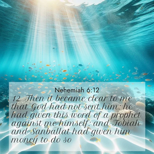 BasicEnglish Nehemiah  ; image nature: image with the bible verse :Then it became clear to me that God had not sent him: he had given this word of a prophet against me himself: and Tobiah and Sanballat had given him money to do so. ; Browse a gallery of Bible verses paired with summer scenes, such as golden wheat fields, bright skies, and sunny beaches. These images convey the joy and warmth of God&#039;s creation. Download and share verses like KJV Nehemiah 6:12. Current verse is overlayed with the thematic nature scene : Reef fish swirl in perfect formation through crystal waters. Sunlight creates shifting patterns on white sand below. ; 6:12