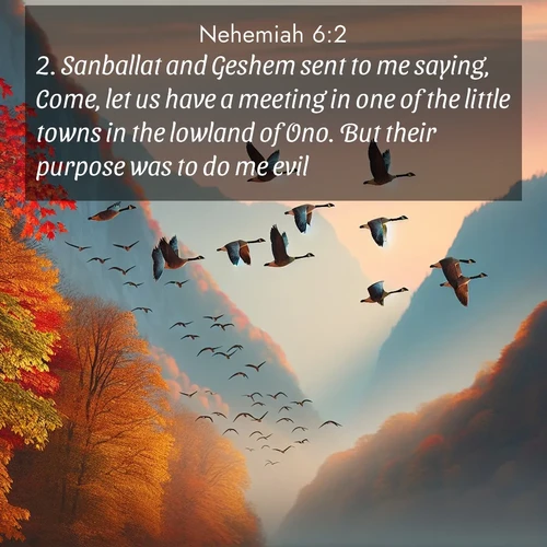 BasicEnglish Nehemiah  ; image nature: image with the bible verse :Sanballat and Geshem sent to me saying, Come, let us have a meeting in one of the little towns in the lowland of Ono. But their purpose was to do me evil. ; Download Bible verse images featuring vibrant photos of nature, from snowy landscapes to golden deserts. These free images are perfect for phone wallpapers, desktop backgrounds, or sharing. Verses include KJV Nehemiah 6:2. Current verse is overlayed with the thematic nature scene : Wild geese arrow through autumn skies. Their calls echo off mountain walls. ; 6:2