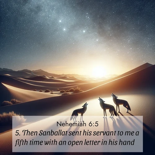 BasicEnglish Nehemiah  ; image nature: image with the bible verse :Then Sanballat sent his servant to me a fifth time with an open letter in his hand; ; Explore a winter collection of Bible verse images adorned with photos of icy landscapes, frozen waterfalls, and snow-covered forests. These scenes capture divine tranquility and purity. Download inspiring verses like KJV Nehemiah 6:5. Current verse is overlayed with the thematic nature scene : Desert coyotes sing to stars. Their voices echo through time. ; 6:5