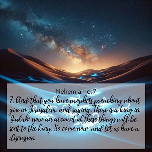 BasicEnglish Nehemiah  ; image nature: image with the bible verse :And that you have prophets preaching about you in Jerusalem, and saying, There is a king in Judah: now an account of these things will be sent to the king. So come now, and let us have a discussion. ; Admire Bible verse images illustrated by desert scenes, such as sunsets over dunes, majestic rocks, and solitary cacti. These images capture the majesty of God in arid places. Download and share verses like KJV Nehemiah 6:7. Current verse is overlayed with the thematic nature scene : Desert scorpions glow under black light. Stars wheel in infinite darkness. ; 6:7