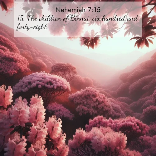 BasicEnglish Nehemiah  ; image nature: image with the bible verse :The children of Binnui, six hundred and forty-eight. ; Download high-resolution Bible verse images showcasing the beauty of God&#039;s creation—from radiant sunsets to tranquil rivers. Free for use as wallpapers or sharing verses like KJV Nehemiah 7:15. Current verse is overlayed with the thematic nature scene : Mountain laurel blooms paint hillsides pink. Spring breezes carry their honey scent. ; 7:15