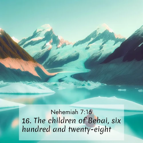 BasicEnglish Nehemiah  ; image nature: image with the bible verse :The children of Bebai, six hundred and twenty-eight. ; Explore a unique collection of Bible verses illustrated by winter landscapes, such as snowy mountains, frosty forests, and starry skies. These images capture the peace and beauty of winter. Share verses like KJV Nehemiah 7:16. Current verse is overlayed with the thematic nature scene : An explorer rests beside glacier lakes. Turquoise waters mirror twin peaks. ; 7:16