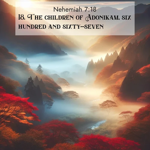 BasicEnglish Nehemiah  ; image nature: image with the bible verse :The children of Adonikam, six hundred and sixty-seven. ; Download inspiring Bible verse images featuring stunning natural vistas, from tropical islands to rolling hills. These free images make perfect wallpapers or gifts. Share verses like KJV Nehemiah 7:18. Current verse is overlayed with the thematic nature scene : Autumn mist rises from a valley dotted with red and gold maples. ; 7:18
