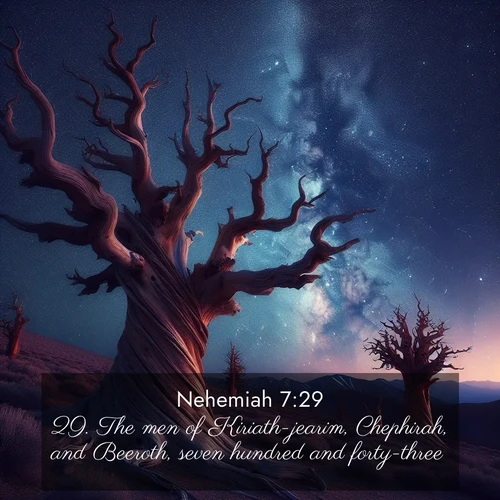 BasicEnglish Nehemiah  ; image nature: image with the bible verse :The men of Kiriath-jearim, Chephirah, and Beeroth, seven hundred and forty-three. ; Explore a collection of inspiring Bible verse images accompanied by winter photos, such as snowy landscapes, frosted trees, and frozen lakes. These images reflect the peace and purity of God&#039;s creation, with elegant fonts and luminous colors. Download and share verses like KJV Nehemiah 7:29. Current verse is overlayed with the thematic nature scene : Ancient bristlecone pines twist toward stars. Time stands still in their presence. ; 7:29