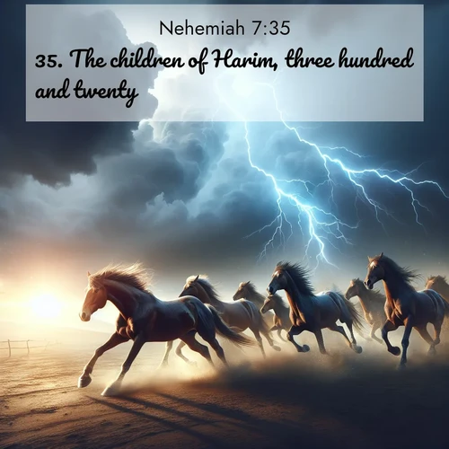 BasicEnglish Nehemiah  ; image nature: image with the bible verse :The children of Harim, three hundred and twenty. ; Explore Bible verses combined with serene beach photos, desert dunes, and infinite skies, highlighting God&#039;s majesty in every landscape. Download and share inspiring verses like KJV Nehemiah 7:35. Current verse is overlayed with the thematic nature scene : Wild horses race approaching storms. Lightning illuminates their power. ; 7:35