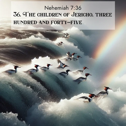 BasicEnglish Nehemiah  ; image nature: image with the bible verse :The children of Jericho, three hundred and forty-five. ; Download Bible verse images paired with breathtaking nature photos like golden deserts, shimmering seas, and blossoming orchards. These high-quality, free images are perfect for wallpapers or sharing. Verses include KJV Nehemiah 7:36. Current verse is overlayed with the thematic nature scene : Wild mergansers ride white water rapids. Spray creates endless rainbows. ; 7:36