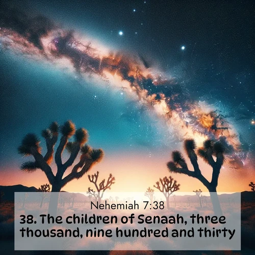 BasicEnglish Nehemiah  ; image nature: image with the bible verse :The children of Senaah, three thousand, nine hundred and thirty. ; Explore an exceptional collection of Bible verse images accompanied by photos of nature, showcasing snowy mountains, serene forests, and still lakes. These images feature luminous tones and varied fonts to bring serenity and inspiration. Share uplifting verses like KJV Nehemiah 7:38. Current verse is overlayed with the thematic nature scene : Joshua trees reach twisted arms to desert stars. The Milky Way arcs overhead like a river of light. ; 7:38