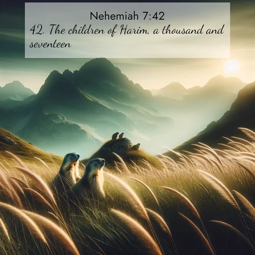 BasicEnglish Nehemiah  ; image nature: image with the bible verse :The children of Harim, a thousand and seventeen. ; Discover breathtaking Bible verse images combined with vibrant landscapes like rolling hills, blooming gardens, and starry nights. Use them as wallpapers or to inspire others. Download verses like KJV Nehemiah 7:42. Current verse is overlayed with the thematic nature scene : Mountain meadow grasses bend in wind. Marmots whistle from rocky outcrops. ; 7:42