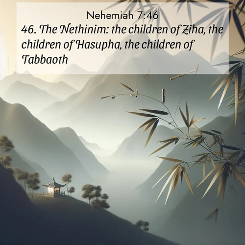 BasicEnglish Nehemiah  ; image nature: image with the bible verse :The Nethinim: the children of Ziha, the children of Hasupha, the children of Tabbaoth, ; Discover Bible verses beautifully integrated with natural scenes of varied seasons, featuring summer skies, winter snow, autumn leaves, and spring blooms. Each image captures the splendor and peace of God&#039;s creation. Share verses like KJV Nehemiah 7:46. Current verse is overlayed with the thematic nature scene : Bamboo leaves whisper secrets in mountain wind. A temple bell rings in the distance. ; 7:46
