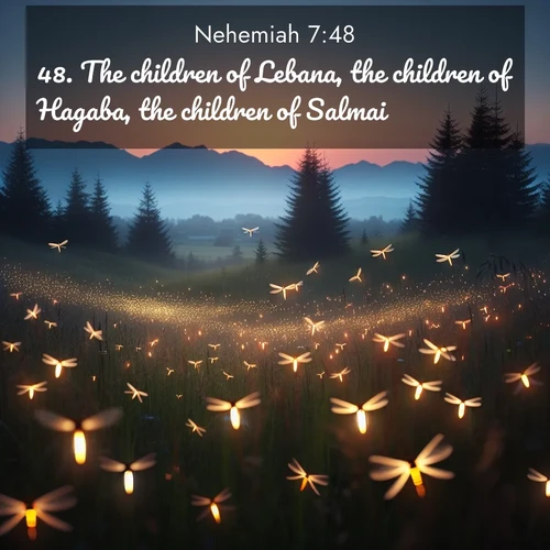BasicEnglish Nehemiah  ; image nature: image with the bible verse :The children of Lebana, the children of Hagaba, the children of Salmai, ; Discover a unique collection of Bible verses adorned with winter landscapes, such as snow-covered forests, gently falling snowflakes, and pristine mountains. These images evoke the peace and purity of God&#039;s creation. Share verses like KJV Nehemiah 7:48. Current verse is overlayed with the thematic nature scene : Lightning bugs rise from summer meadows at dusk. Their lights dance like earthbound stars. ; 7:48