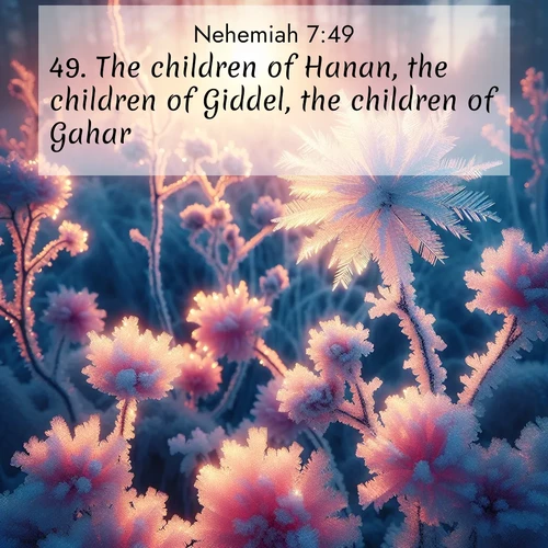 BasicEnglish Nehemiah  ; image nature: image with the bible verse :The children of Hanan, the children of Giddel, the children of Gahar, ; Admire our free collection of Bible verse images with beautiful landscapes like sunlit forests, rippling waters, and radiant dawns. Each verse, such as KJV Nehemiah 7:49, is ready to download and share. Current verse is overlayed with the thematic nature scene : Morning light reveals frost flowers. Rainbow crystals bloom on bare branches. ; 7:49