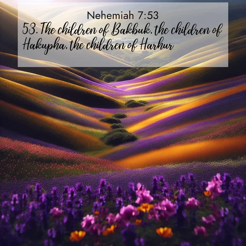 BasicEnglish Nehemiah  ; image nature: image with the bible verse :The children of Bakbuk, the children of Hakupha, the children of Harhur, ; Discover a gallery of Bible verse images showcasing the beauty of autumn, with golden leaves, red forests, and peaceful fields bathed in soft light. These soothing scenes are perfect for accompanying inspiring verses like KJV Nehemiah 7:53. Current verse is overlayed with the thematic nature scene : Spring wildflowers carpet rolling hills in purple and gold. ; 7:53