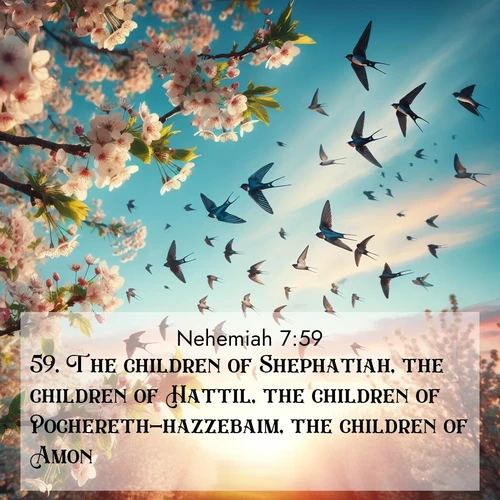 BasicEnglish Nehemiah  ; image nature: image with the bible verse :The children of Shephatiah, the children of Hattil, the children of Pochereth-hazzebaim, the children of Amon. ; Admire Bible images evoking autumn, with warm colors of fallen leaves, harvested fields, and tranquil woods. These inspiring landscapes reflect the transition and beauty of God&#039;s creation. Download verses like KJV Nehemiah 7:59. Current verse is overlayed with the thematic nature scene : Spring migration fills the sky with countless swallows. ; 7:59
