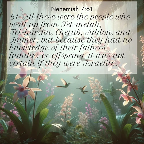 BasicEnglish Nehemiah  ; image nature: image with the bible verse :All these were the people who went up from Tel-melah, Tel-harsha, Cherub, Addon, and Immer; but because they had no knowledge of their fathers&#039; families or offspring, it was not certain if they were Israelites: ; Explore an inspiring selection of Bible verse images adorned with nature photos, such as starry skies, verdant hills, and golden beaches. Each image reflects the peace and beauty of God&#039;s creation with vibrant colors and varied fonts. Share uplifting verses like KJV Nehemiah 7:61. Current verse is overlayed with the thematic nature scene : Wild orchids bloom in rainforest canopy. Hummingbirds dance between delicate petals. ; 7:61