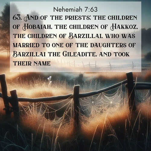 BasicEnglish Nehemiah  ; image nature: image with the bible verse :And of the priests: the children of Hobaiah, the children of Hakkoz, the children of Barzillai, who was married to one of the daughters of Barzillai the Gileadite, and took their name. ; Explore a winter collection of Bible verse images adorned with photos of icy landscapes, frozen waterfalls, and snow-covered forests. These scenes capture divine tranquility and purity. Download inspiring verses like KJV Nehemiah 7:63. Current verse is overlayed with the thematic nature scene : Morning frost coats spider webs stretched between fence posts in a country meadow. ; 7:63