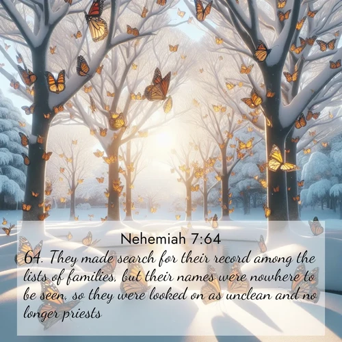 BasicEnglish Nehemiah  ; image nature: image with the bible verse :They made search for their record among the lists of families, but their names were nowhere to be seen, so they were looked on as unclean and no longer priests. ; Explore our gallery of inspiring Bible verse images showcasing divine beauty through nature. Download scenic images like snowy peaks, lush meadows, or radiant sunsets paired with verses like KJV Nehemiah 7:64. Current verse is overlayed with the thematic nature scene : Monarch butterflies cover winter trees. Their wings catch light like stained glass. ; 7:64