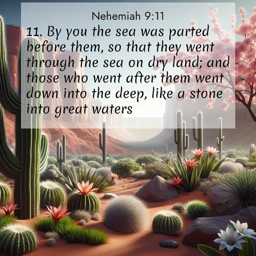 BasicEnglish Nehemiah  ; image nature: image with the bible verse :By you the sea was parted before them, so that they went through the sea on dry land; and those who went after them went down into the deep, like a stone into great waters. ; Discover Bible verses beautifully integrated with natural scenes of varied seasons, featuring summer skies, winter snow, autumn leaves, and spring blooms. Each image captures the splendor and peace of God&#039;s creation. Share verses like KJV Nehemiah 9:11. Current verse is overlayed with the thematic nature scene : Desert cacti burst with spring blooms against red sandstone formations. ; 9:11