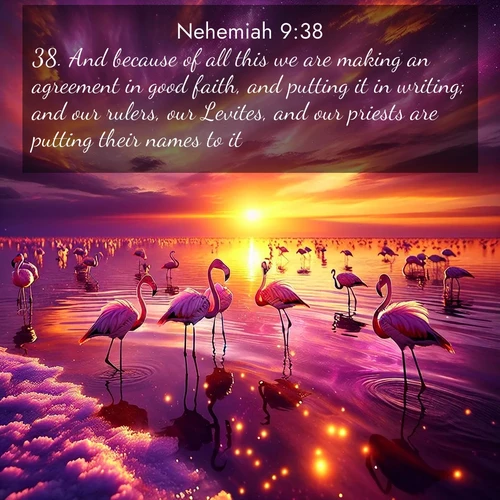 BasicEnglish Nehemiah  ; image nature: image with the bible verse :And because of all this we are making an agreement in good faith, and putting it in writing; and our rulers, our Levites, and our priests are putting their names to it. ; Explore our gallery of inspiring Bible verse images showcasing divine beauty through nature. Download scenic images like snowy peaks, lush meadows, or radiant sunsets paired with verses like KJV Nehemiah 9:38. Current verse is overlayed with the thematic nature scene : Wild flamingos wade through salt lake shallows. Sunset turns the water to liquid gold. ; 9:38