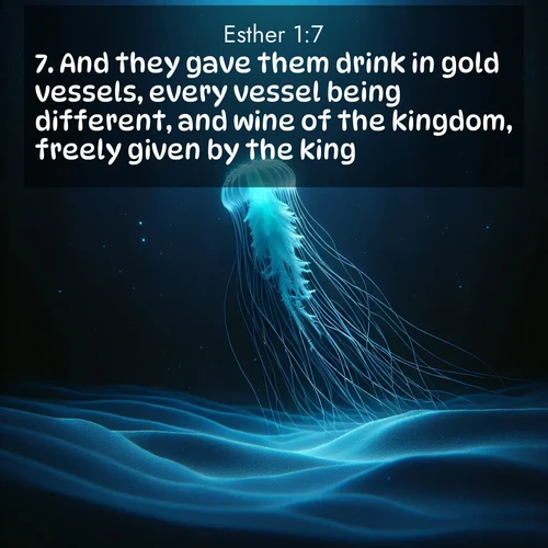 BBE Esther 1:7 overlaying nature image scene: A lone jellyfish pulses through midnight waters. Its bioluminescent tendrils paint trails of azure light in the depths.;7. And they gave them drink in gold vessels, every vessel being different, and wine of the kingdom, freely given by the king.