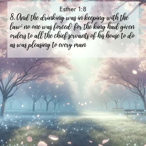 BasicEnglish Esther  ; image nature: image with the bible verse :And the drinking was in keeping with the law; no one was forced: for the king had given orders to all the chief servants of his house to do as was pleasing to every man. ; Explore a winter collection of Bible verse images adorned with photos of icy landscapes, frozen waterfalls, and snow-covered forests. These scenes capture divine tranquility and purity. Download inspiring verses like KJV Esther 1:8. Current verse is overlayed with the thematic nature scene : Spring rain falls on cherry trees in full bloom, petals drifting like snow. ; 1:8