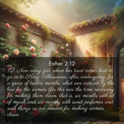 BasicEnglish Esther  ; image nature: image with the bible verse :Now every girl, when her turn came, had to go in to King Ahasuerus, after undergoing, for a space of twelve months, what was ordered by the law for the women (for this was the time necessary for making them clean, that is, six months with oil of myrrh and six months with sweet perfumes and such things as are needed for making women clean): ; Discover Bible images capturing the splendor of deserts, with golden dunes, vast skies, and peaceful oases. These landscapes highlight the grandeur and serenity of God&#039;s creation. Share verses like KJV Esther 2:12. Current verse is overlayed with the thematic nature scene : Wild roses climb abandoned walls. Time stands still in secret gardens. ; 2:12