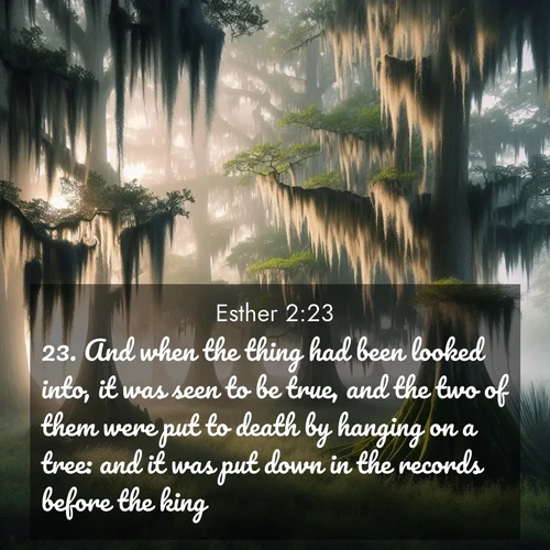BasicEnglish Esther  ; image nature: image with the bible verse :And when the thing had been looked into, it was seen to be true, and the two of them were put to death by hanging on a tree: and it was put down in the records before the king. ; Explore beautiful Bible verse images paired with serene natural settings, such as calm seas, snowy paths, and verdant hills. Each image is free to download for your spiritual inspiration. Share KJV Esther 2:23. Current verse is overlayed with the thematic nature scene : Moss-draped cypress trees emerge from morning fog. Spanish moss sways like ancient lace. ; 2:23