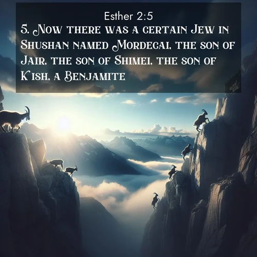BasicEnglish Esther  ; image nature: image with the bible verse :Now there was a certain Jew in Shushan named Mordecai, the son of Jair, the son of Shimei, the son of Kish, a Benjamite; ; Explore serene Bible verse images adorned with photos of divine creation—tranquil beaches, snowy mountains, and starry skies. Each image is free to download and share. Verses include KJV Esther 2:5. Current verse is overlayed with the thematic nature scene : Mountain goats traverse sheer faces. Clouds part to reveal their path. ; 2:5