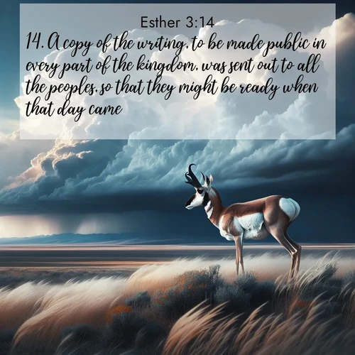 BasicEnglish Esther  ; image nature: image with the bible verse :A copy of the writing, to be made public in every part of the kingdom, was sent out to all the peoples, so that they might be ready when that day came. ; Discover breathtaking Bible verse images combined with vibrant landscapes like rolling hills, blooming gardens, and starry nights. Use them as wallpapers or to inspire others. Download verses like KJV Esther 3:14. Current verse is overlayed with the thematic nature scene : A pronghorn pauses on wind-swept plains. Storm clouds build dark towers above. ; 3:14