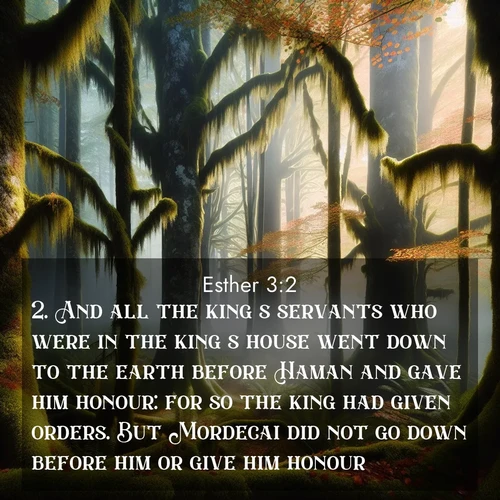 BasicEnglish Esther  ; image nature: image with the bible verse :And all the king&#039;s servants who were in the king&#039;s house went down to the earth before Haman and gave him honour: for so the king had given orders. But Mordecai did not go down before him or give him honour. ; Admire Bible verse images illustrated by desert scenes, such as sunsets over dunes, majestic rocks, and solitary cacti. These images capture the majesty of God in arid places. Download and share verses like KJV Esther 3:2. Current verse is overlayed with the thematic nature scene : Autumn fog shrouds an old-growth forest draped in moss and lichen. ; 3:2