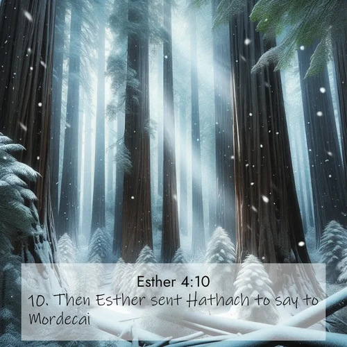 BasicEnglish Esther  ; image nature: image with the bible verse :Then Esther sent Hathach to say to Mordecai: ; Dive into our collection of Bible verse images combined with sublime nature photos, such as graceful waterfalls, radiant sunsets, and endless meadows. These compositions highlight the peace and harmony of God&#039;s creation with vivid colors and carefully integrated text. Download and share verses like KJV Esther 4:10. Current verse is overlayed with the thematic nature scene : Snow falls silently on ancient redwoods. Shafts of light pierce through to illuminate the forest floor. ; 4:10