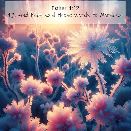 BasicEnglish Esther  ; image nature: image with the bible verse :And they said these words to Mordecai. ; Admire stunning Bible verse images paired with photos of peaceful landscapes, such as foggy mornings, serene rivers, and blooming gardens. Download these free images and share verses like KJV Esther 4:12. Current verse is overlayed with the thematic nature scene : Morning light reveals frost flowers. Rainbow crystals bloom on bare branches. ; 4:12