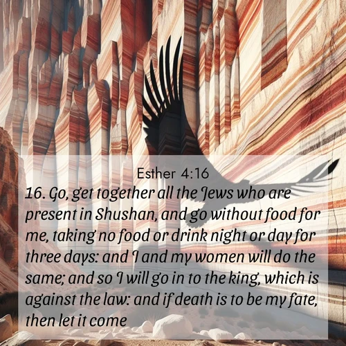 BasicEnglish Esther  ; image nature: image with the bible verse :Go, get together all the Jews who are present in Shushan, and go without food for me, taking no food or drink night or day for three days: and I and my women will do the same; and so I will go in to the king, which is against the law: and if death is to be my fate, then let it come. ; Browse a vast collection of Bible verse images featuring awe-inspiring landscapes such as calm lakes, vibrant sunsets, and peaceful fields. Download them for free and enjoy verses like KJV Esther 4:16. Current verse is overlayed with the thematic nature scene : Desert varnish streaks ancient canyon walls. A condor&#039;s shadow glides across the patterns. ; 4:16