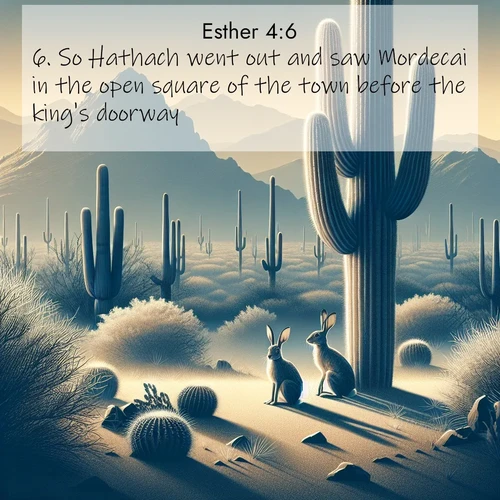 BasicEnglish Esther  ; image nature: image with the bible verse :So Hathach went out and saw Mordecai in the open square of the town before the king&#039;s doorway. ; Explore serene Bible verse images adorned with photos of divine creation—tranquil beaches, snowy mountains, and starry skies. Each image is free to download and share. Verses include KJV Esther 4:6. Current verse is overlayed with the thematic nature scene : Desert jackrabbits pause in saguaro shade. Heat waves distort distant peaks. ; 4:6